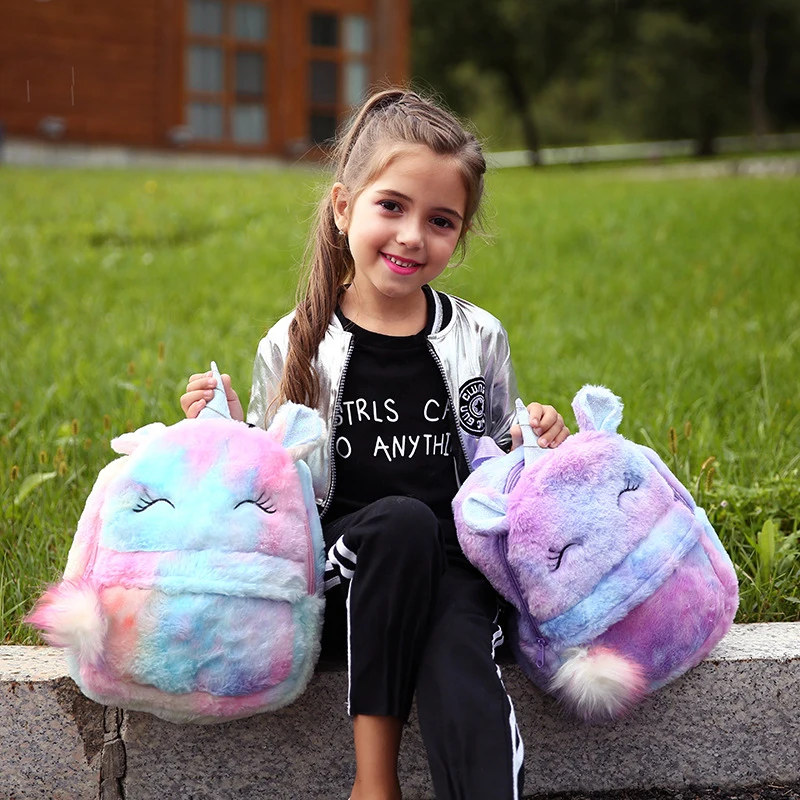 

Girl Cartoon Soft Plush Bag Student Small Zipper Schoolbag Unicorn Rainbow Fur Backpack With Ball Kid New Mini Toy Doll Backpack