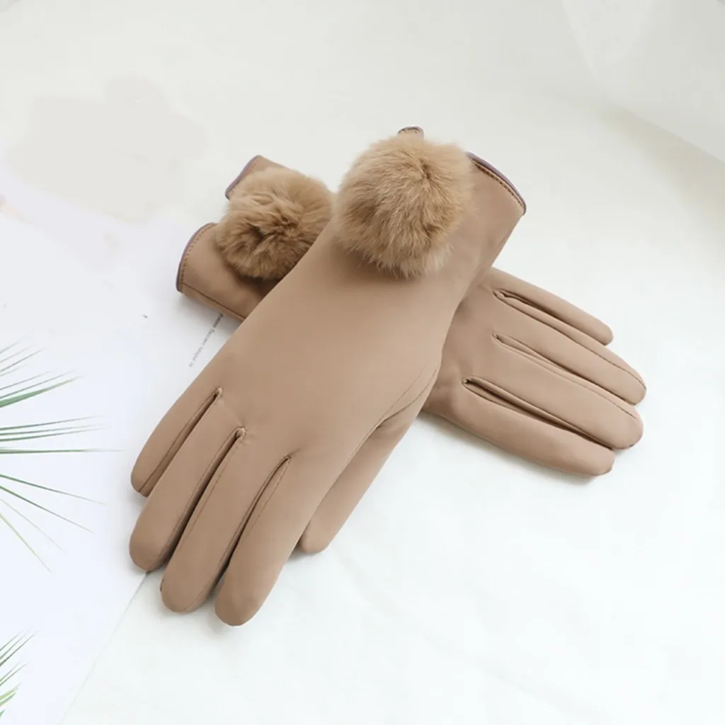 Ladies'Furry нагревательный шар декоративные дышащие теплые кожаные перчатки теплые кашемировые милые однотонные роскошные женские перчатки для вождения