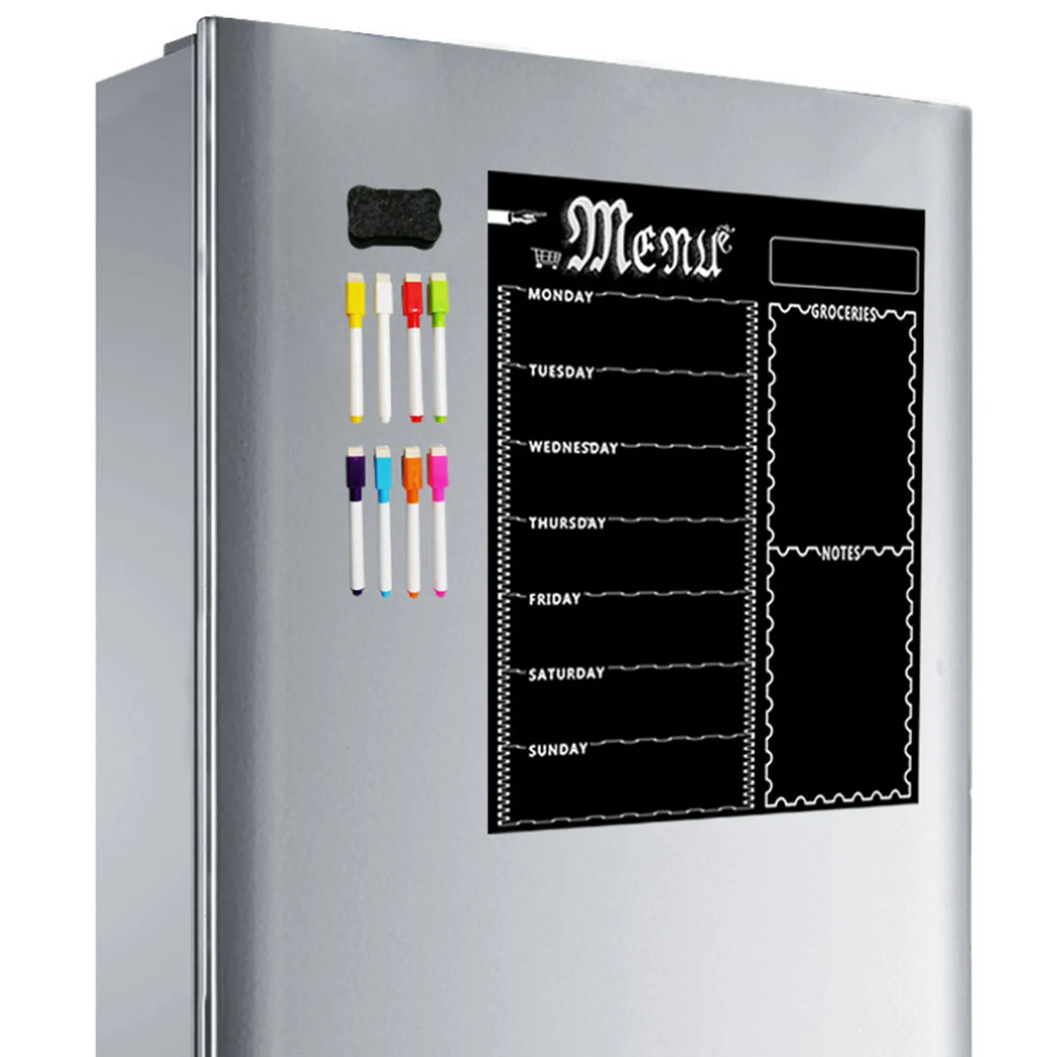 Menu Board Kitchen Fridge Board with 8 Color Chalk Markers Dry Erase Weekly Planner