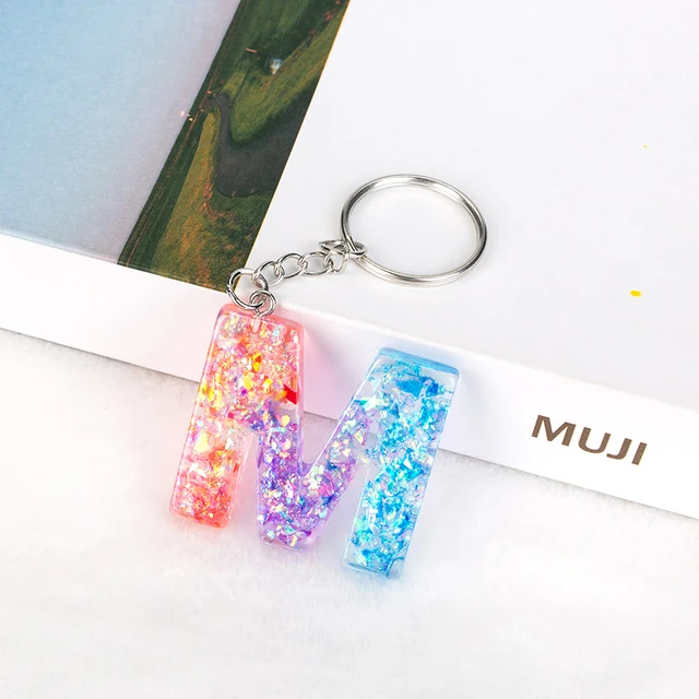 1PC Women Keychains 26 Glitter Pink Hollowed-out Words Handbag English  Letter Keyring with Puffer Ball Charms