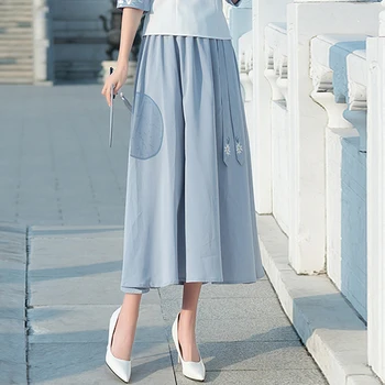 

2020summer New folk-custom Women Retro Literary style Chiffon All-match Mid-length splice A-line skirt Chinese style Big swing