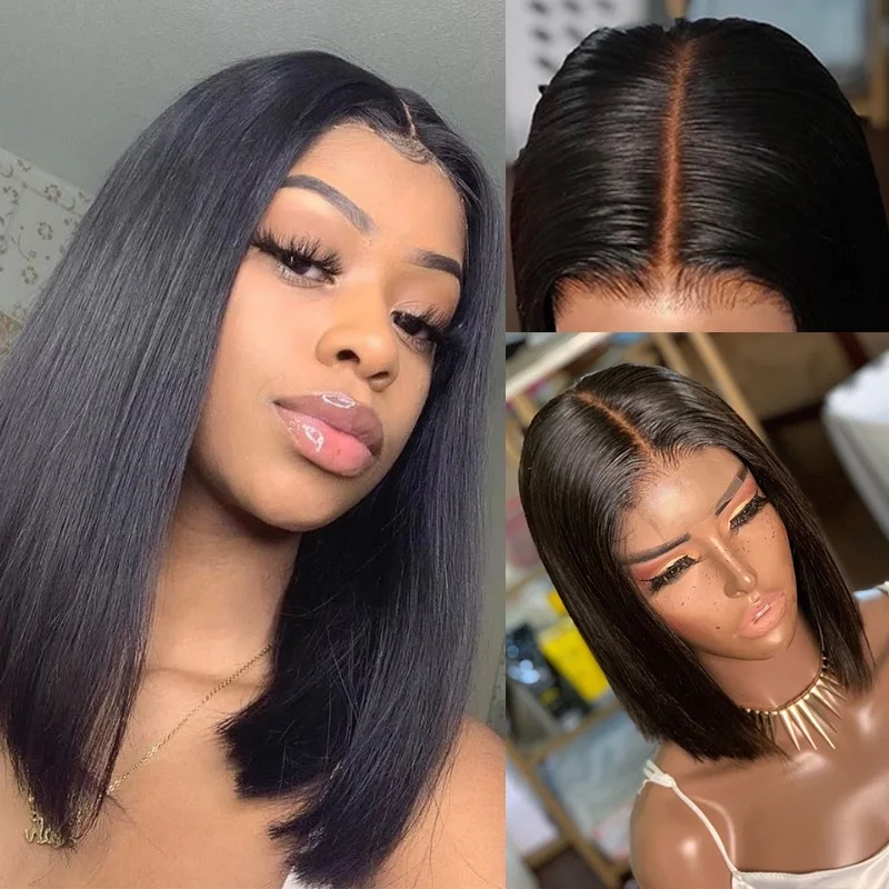 BOB Wig Human-Hair-Wigs Lace Closure Blunt Cut Deep-Parting Preplucked Brazilian 2x6