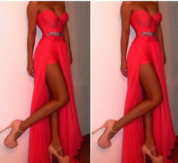 

Strapless Sweetheart Red Chiffon Prom Gowns With Slit 2015 Sexy Long Formal Evening Dresses