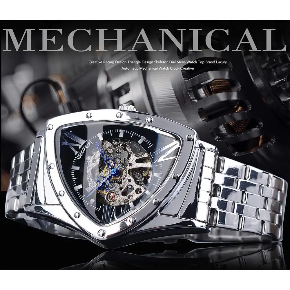 DUNCOUGAR Skeleton Triangle Dial Mechanical Automatic Watch Silver Stainless Steel Irregular Casual Business Watch