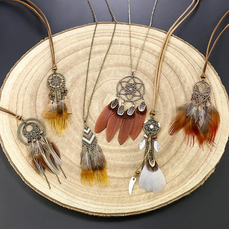 Exknl Women Bohemian Ethnic Long Chain Feather Dreamcatcher Skeleton Tassel Pendant Necklace Choker Boho Jewelry Accessories