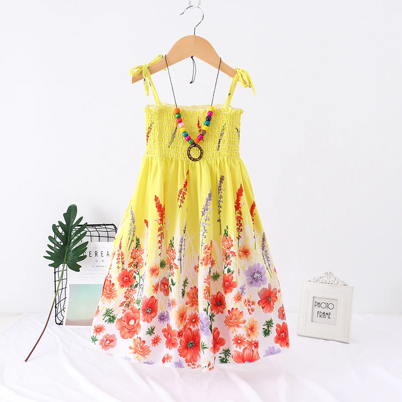 cutest baby dresses 2022 Summer Girls Floral Dress Sling Ruffles Bohemian Beach Princess Dresses for Girl Clothing 2 6 8 12 Years With Necklace Gift boutique baby dresses