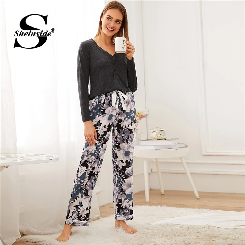 

Sheinside Casual Button Up V Neck Trim Top And Pants Pajama Set Women 2019 Autumn Floral Print Drawstring Pants Pajama Sets