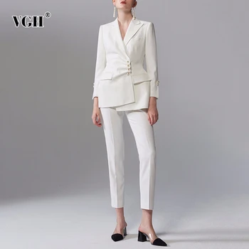 

VGH Pearl Ruched Blazer Coat Women's Suits Long Sleeve Blazers Tops Female High Waist Pants Women's Sets 2020 Autumn Winter New