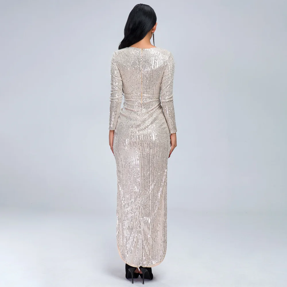 Blue Gold Elegant Dress Women Fashion Night Club Celebrity Party Dresses Sexy V-Neck Long Sleeve Autumn Winter Dress Plus Size