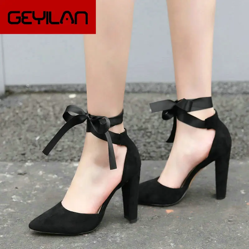 

Women Flock Square High Heel Pumps Fashion Pointed Toe Shoes Women 2019 New Spring Autumn Cross Tied Party Shoes