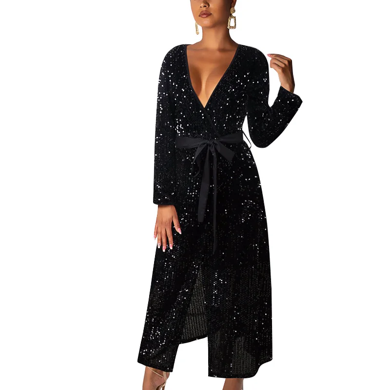 

Women Deep V Neck Sequin Dress Sexy Long Sleeve Long Dress With Belt Black Shinning Evening Party Dress Robe Longue Femme Ete