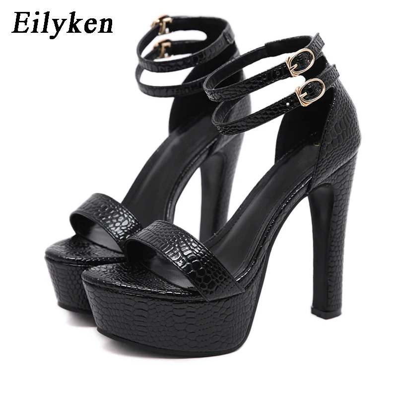 

Eilyken Concise Black Snake Print Fetish Women Summer Sandals Fashion Ankle Double Buckle Strap Platform High Heels Shoes