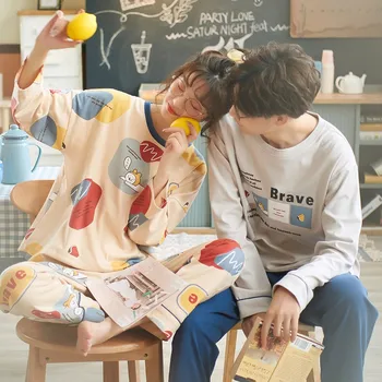 

Casual Lovers 2PCS Pajamas Set Cotton Sleepwear Pijamas Soft Intimate Lingerie 2020 Autumn New Couples Nightwear Home Clothes