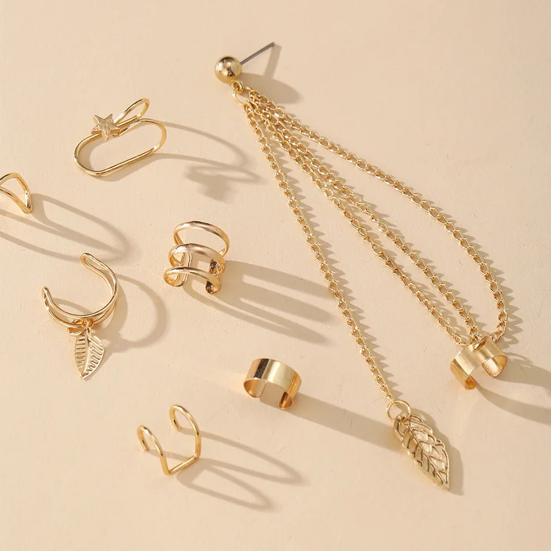 Fashion Star Leaves Non-Piercing Ear Clip Earrings For Women Simple Fake Cartilage Ear Cuff Jewelry Clip Accessories 7pcs ear clip earrings clip earrings ear clip ear accessories