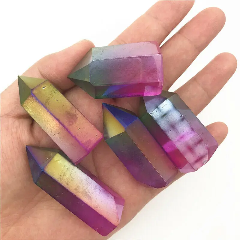 40-60mm Electroplated Green Rose Titanium Aura Obelisk Crystal Wand Point Healing Crystal Tower Decor 1PC Natural Quartz Crystal