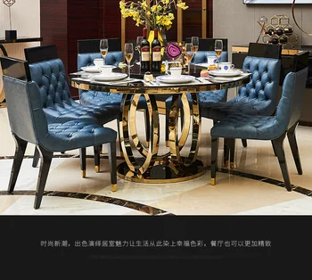 Juego de comedor dorado de acero inoxidable con mesa de mármol y 6 sillas de cuero, mesa de jantar, comedor