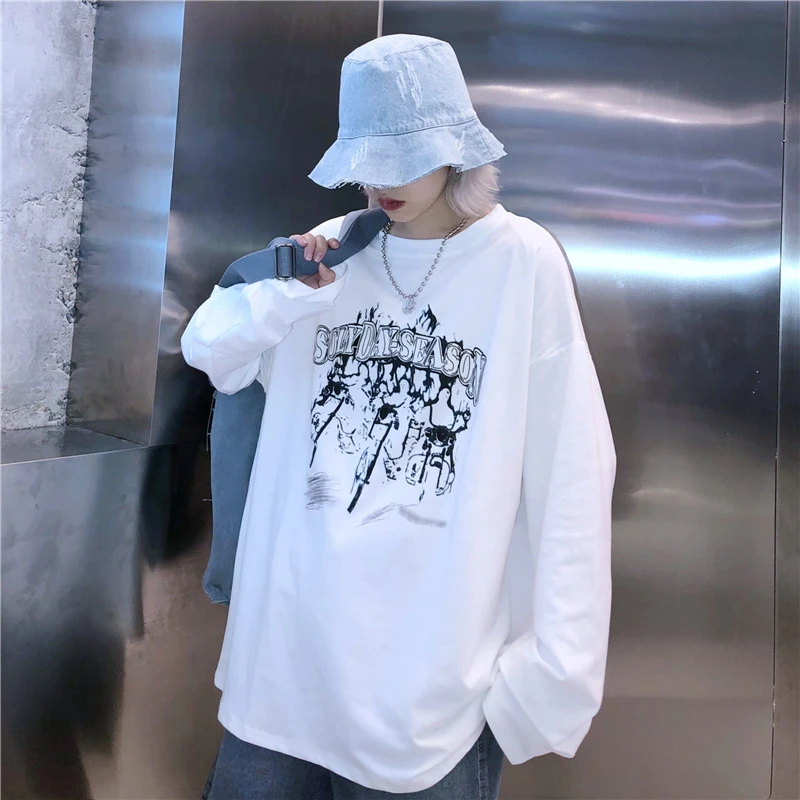 Harajuku уличная футболка для женщин осенняя одежда Корейский Ulzzang Винтаж Рок печатных футболки женские с длинным рукавом Футболка Топ