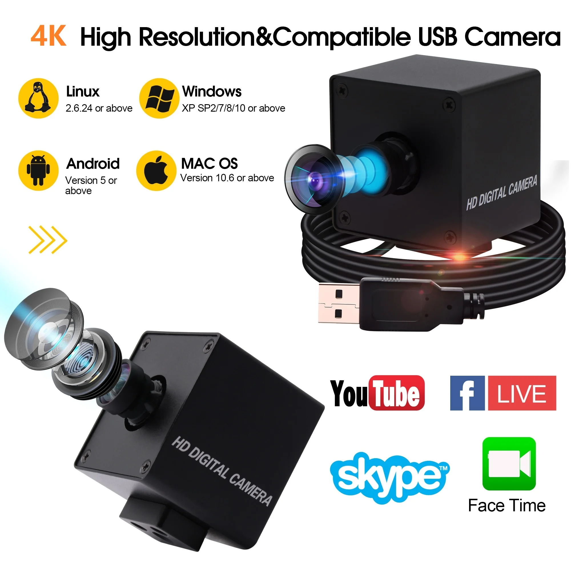 Веб камера 4K USB мини с широкоугольным объективом рыбий глаз драйвером и функцией