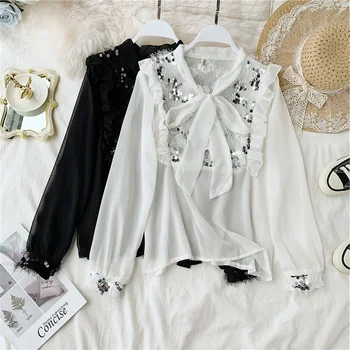 

Autumn Women Chiffon Bow Collar Drawstring Paillette Shirt Urban Ladies Solid Pullover Thin Long Sleeves Tassel Blouse Suits
