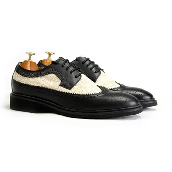 

Embroidery Men Italian Designer Spliced Dress Wing Tip Brogue Wedding Office Party Lace Up Genuine Leather Formal Shoes