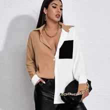 

Urban Women Casual Commute Shirts Patchwork Pocket Single Breasted Chiffon Shirts Spring Autumn All-Match Loose Leisure Tshirts
