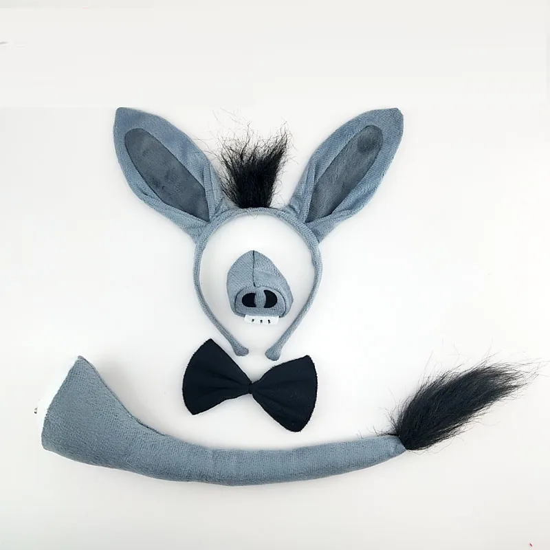 Adult Kids Boy Girl Donkey Headband Tail Tie Paw Nose Animal Cosplay Set Party Props Costume Halloween Christmas