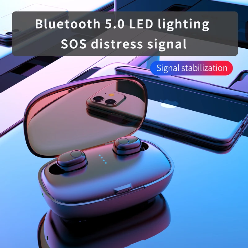 Mini in ear wireless bluetooth earphones with multi function charging box bluetooth 5 0 led lighting waterproof headphones