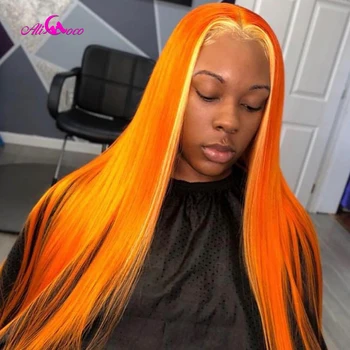 

ALI Coco 150% Yellow Highlights Human Hair Wig Brazilian Remy Straight Orange Lace Front Wig Light Blue Ombre Wigs For Women
