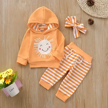 

Newborn Baby Girl Boys Long Sleeve Hooded Top Stripe Headband Pant Autumn Baby Girls Clothes Sets 0-18M