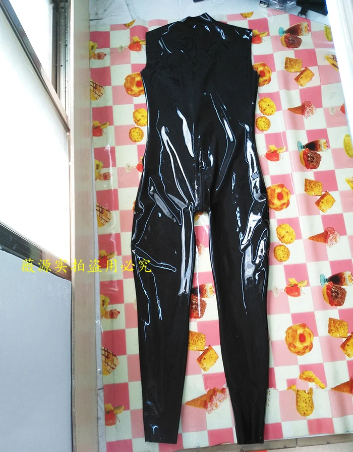 Handmade-Black-Sexy-Women-Latex-Clothing-Tights-Sleeveless-with-Front-Crotch-Zipper-2