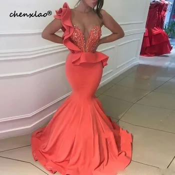 

Beautiful Coral Mermaid Prom Dresses Zipper Back Beaded Satin Formal Dress Evening Wear Abendkleider Robe de soiree Custom Made