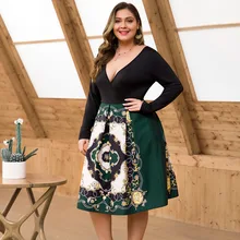 Европа и Америка, осень и зима, стиль, длинный рукав, v-образный вырез, высокая талия, позиционирование, принт, соединение, Стиль A-line, большой размер