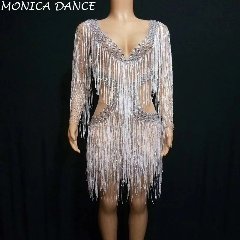 Сексуальное Серебряное платье с бахромой Стразы Женский вечерний наряд для