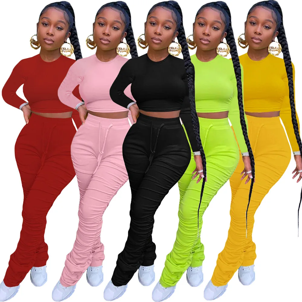 

Autumn Winter 2 Piece Set Women Casual Pullover Top Drawstring Pleated Pants Tracksuit Matching Sets Jogging Femme