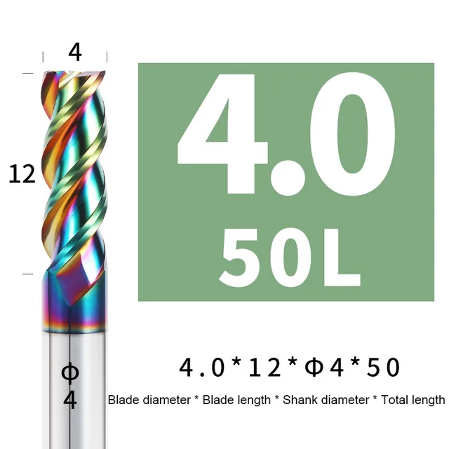 Colorful End Mill Aluminium HRC55 3F Milling Cutter Acrylic Wood Copper Plastic Cutting Tool CNC Maching Milling Tools Endmils 4X12XD4X50L