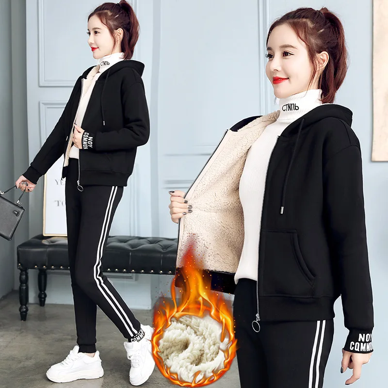 

Women Sportswear Tracksuit Winter Thick Fleece warm Hoodie Jacket+pant Running Jogging Fitness Casual Workout Set Sport Suit
