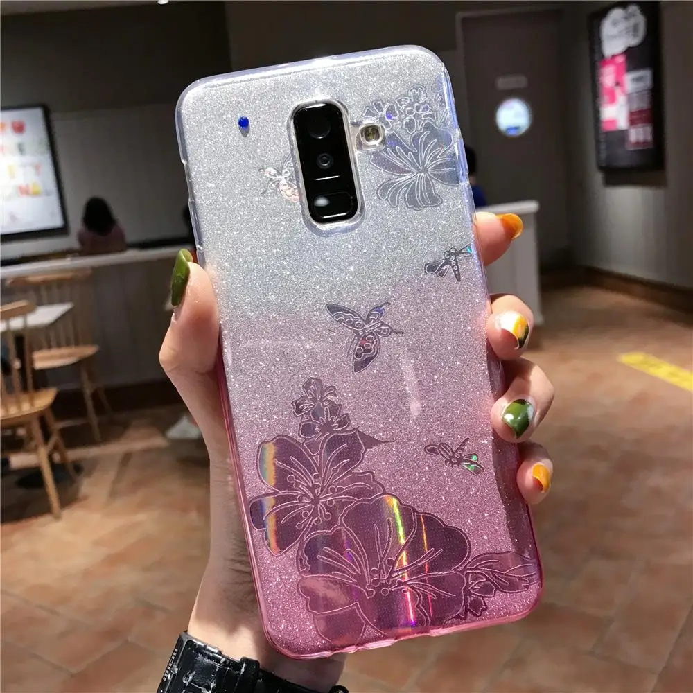 Gradient Buterfly Rose Flower Glitter TPU Case For Samsung Galaxy A6 A7 A8 Plus J4 J6 2018 Cover Soft for Note 10 |
