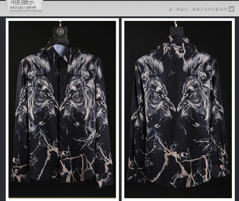 Брендовая мужская рубашка, с длинным рукавом, модная, с принтом льва, Chemise homme, черная, тонкая, деловая, мужская рубашка, футболки в повседневном стиле