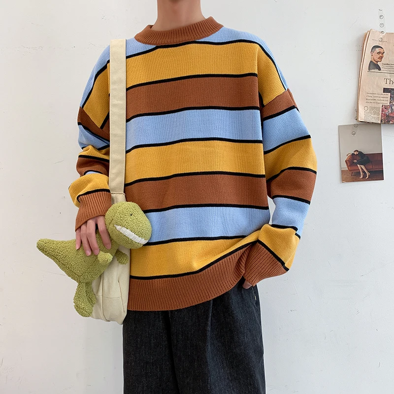 Winter Striped Sweater Men Warm Fashion Contrast Color Casual Knit Pullover Men Streetwear Loose Long-sleeved Sweter Clothes Man
