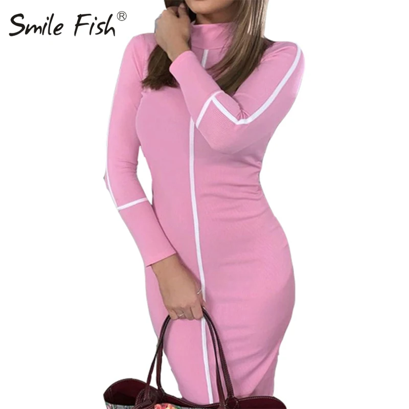 

Streetwer Sexy Bodycon Women Knee Length Dress Long Sleeve 2019 Turtleneck Ladies Skinny Dress White Black Autumn Robe New GV541