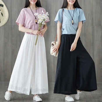 

Women's Autumn Vintage Linen Wide Leg Pants Casual Loose Chinese Style Thin Trousers Big Size Felame Pants