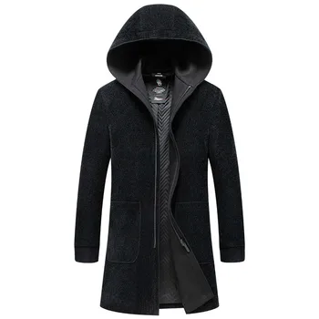 

Hooded Men's Thick Wool Trench Coat Men Long Casual Coats Lapel Collar big size Autumn Winter Slim Overcoat Plus Size