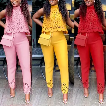 

Africa Two Piece Set Women Solid Elegant Sleeveless High Neck Crop Top Bodycon Long Pant Sexy Hollow Out Office Fashion Outfits