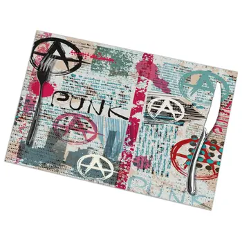 

6 Pcs Placemat Table Mat Grunge Newspaper With Word Punk And Anarchy For Tables Heat-insulation Linen Kitchen Dining Pads
