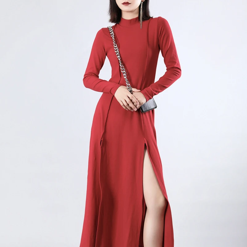 [EAM] Women Dress New Stand Neck Long Sleeve Loose Fit Split Joint Spliced Sheath Temperament Fashion Spring Autumn JZ343