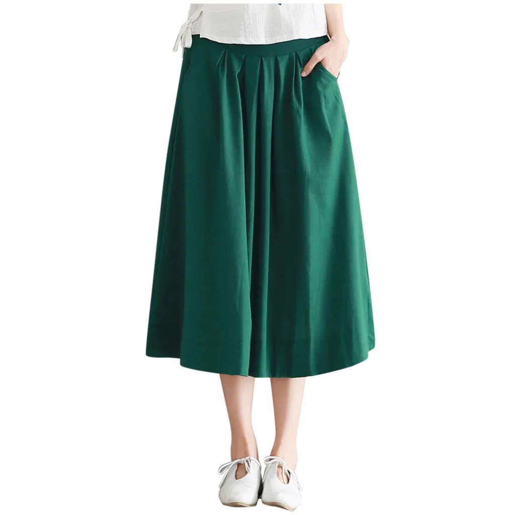 Женская модная юбка новая весенняя Короткая Повседневная Женская однотонная хлопковая и льняная плиссированная юбка до середины икры с эластичной талией# 40