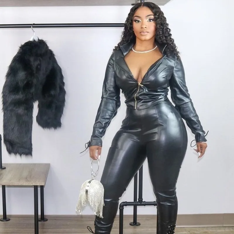 

Autumn Lace- Up Leather 2 Piece Set Women Long Sleeve Zipper Crop Top Pants Set Bodycon Two Piece Outfits for Women Streetwear