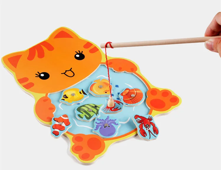 Детские игрушки для рыбалки Милая Магнитная настольная игра «Рыбалка» мультяшная лягушка кошка головоломка для детей деревянные игрушки MG41