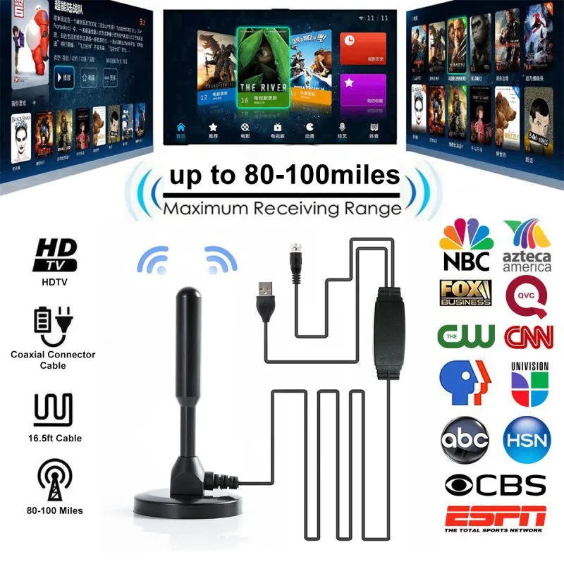 HD цифровая ТВ антенна 80-100 милей Диапазон VHF UHF Freeview местные каналы с усилителем