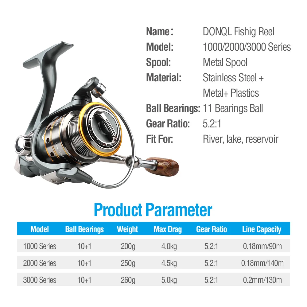 DONQL металлическая катушка Рыболовная катушка 10+ 1 шариковый подшипник спиннинга Катушка 5,2: 1 рыболовные колеса катушка карп рыболовные снасти аксессуары